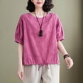 thumbnail image 2 of Timegard Womens Short Sleeve Tops Cotton Linen Round Neck Bottom Drawstring Back Button Casual Loose Tops, 2 of 6