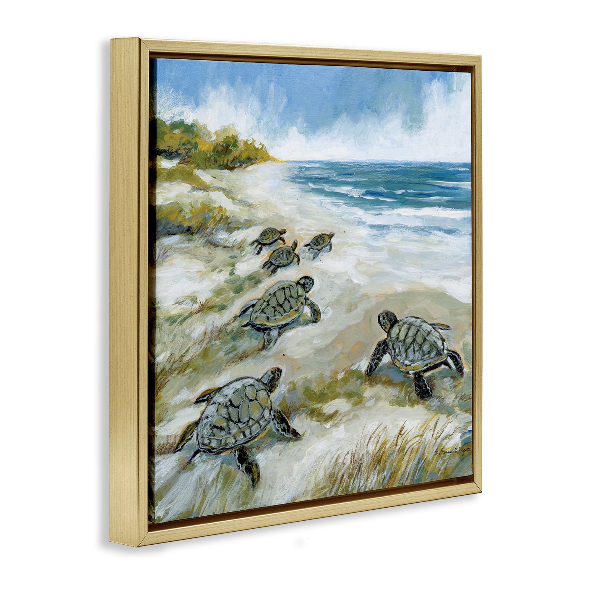 Stupell Industries Baby Sea Turtles on Beach Gold Framed Floater Canvas Wall Art, design by Susan Winget