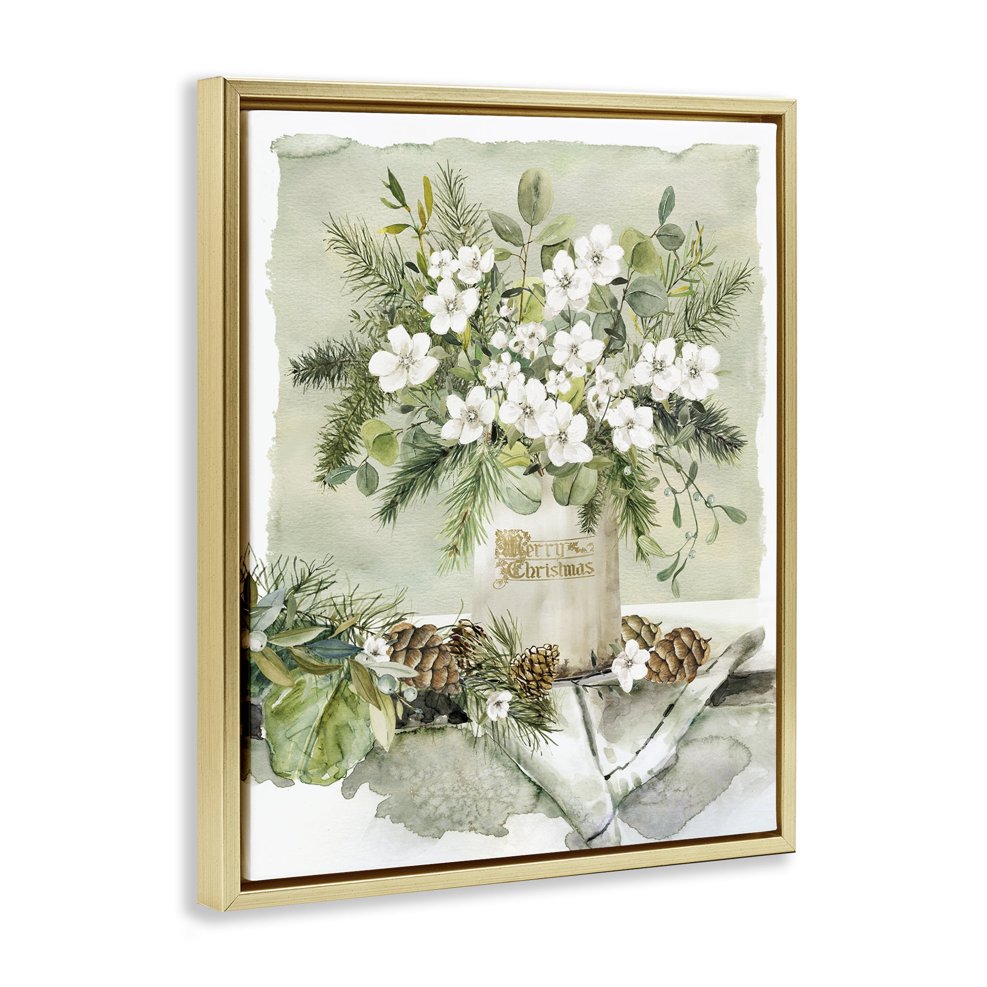 Stupell Industries White Christmas Flowers Vase Holiday Painting Gold Floater Framed Canvas Art Prints Wall Art, 25 x 31