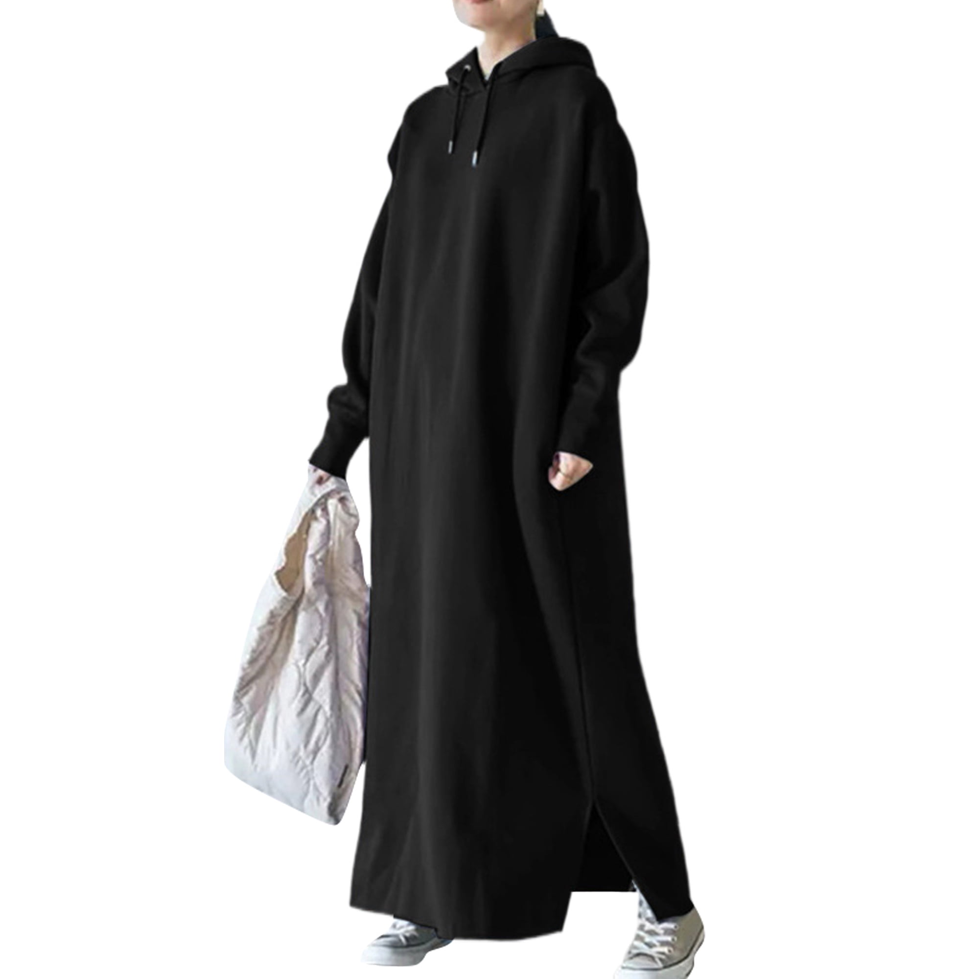 Fashnice Women Pullover Hoodie Solid Color Hooded Dresses Drawstring Sweatshirt Dress Warm Autumn Maxi Black 2XL Walmart