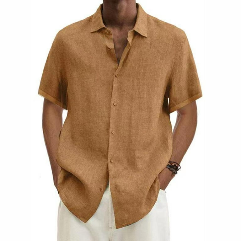 WREESH Men's Summer Casual Button Down Dress Cotton Linen T-Shirt Solid  Short Sleeve Stand Collar Shirt Tops Khaki
