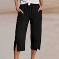 thumbnail image 2 of Qiopertar Women's Casual 3/4 Length Drawstring Pants Summer Relaxed Solid Color Elastic Waist Pull-On Pants with Pockets and Slit Hem, Black XL, 2 of 6