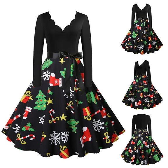 Women's Christmas Dresses Christmas Print Dress V-Neck Christmas Dress with A Pleated Hem and Belt Long Sleeve