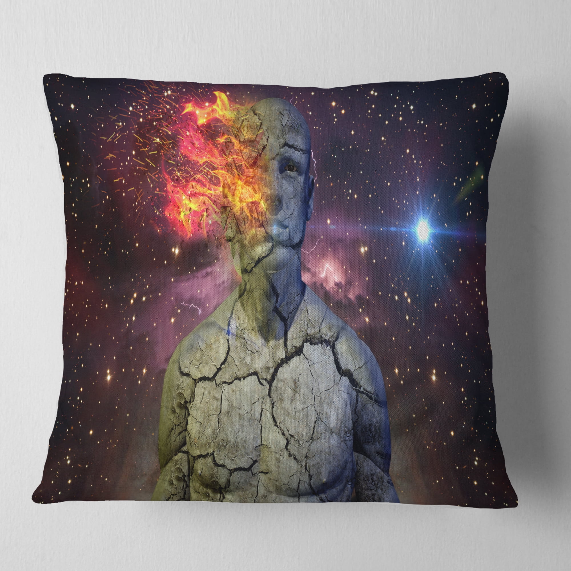 Designart Broken Human Body with Fire - Contemporary Throw Pillow - 18x18