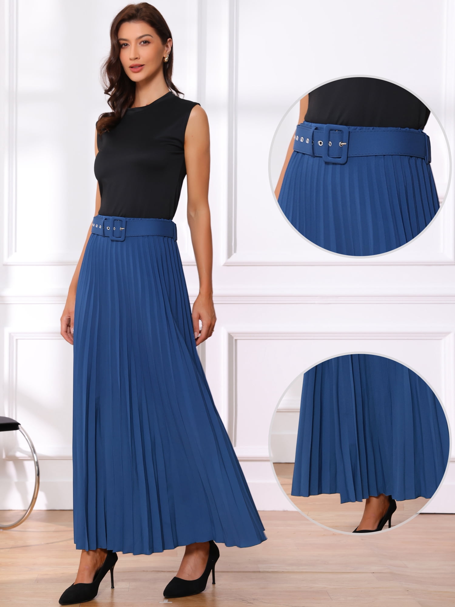 DARING DIVA Women's Elegnat Elastic High Waist Flowy A-Line Maxi Skirt 3XL Navy Blue