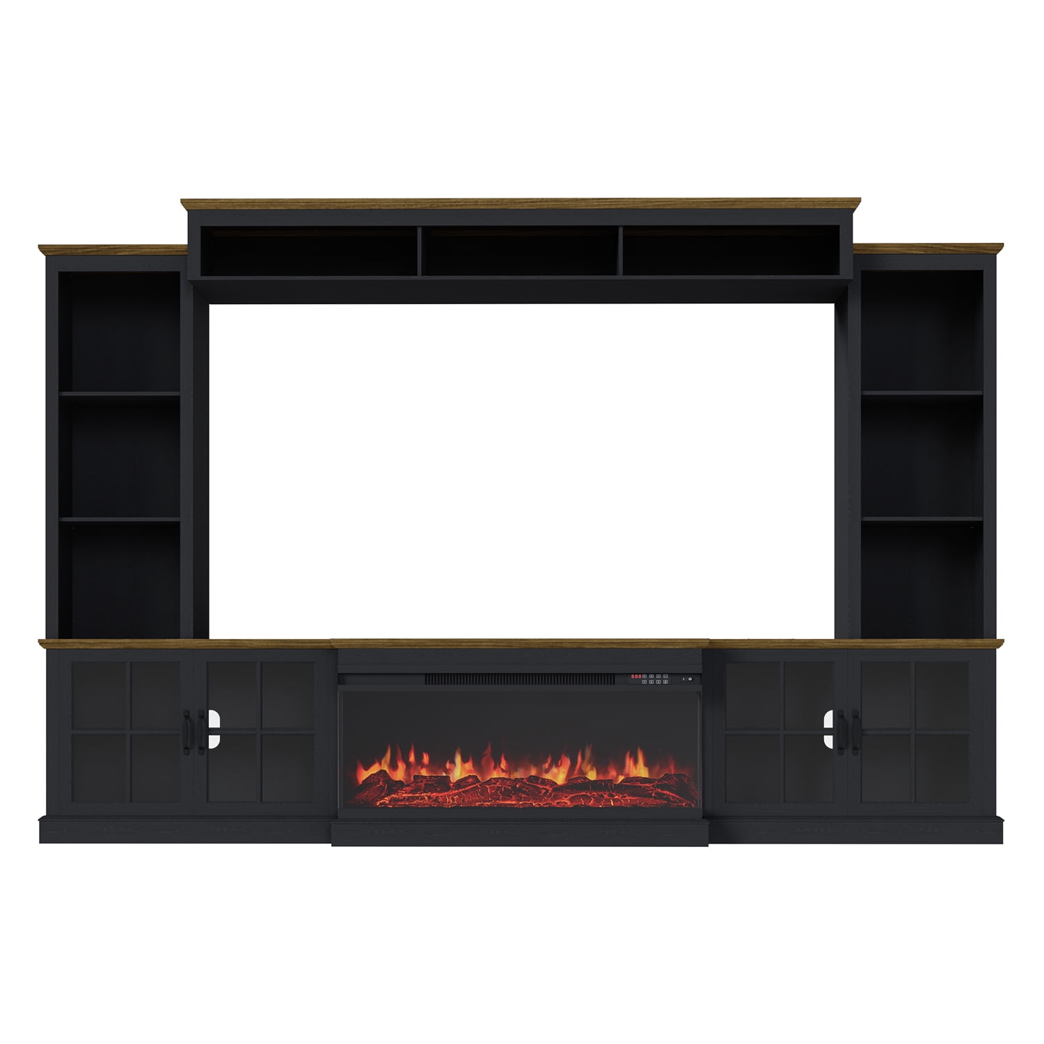 Sonegra 98" Farmhouse Entertainment Center with 36" Fireplace, TV Stand, Bookshelf, Cabinet, Fits TVs up to 75", Media Console with Power Outlets and Barn Doors for Living Room, Black