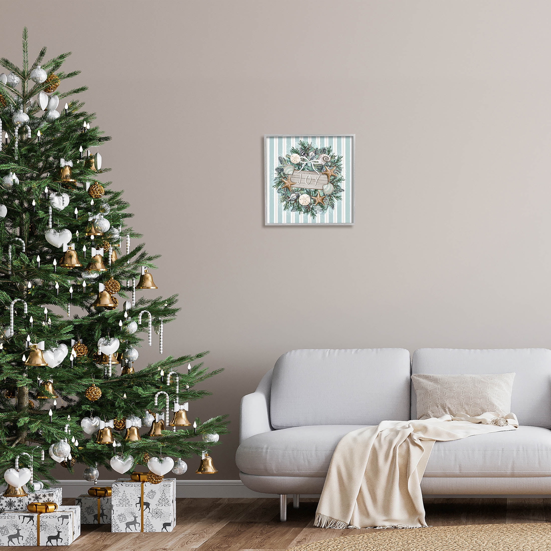 Stupell Industries Striped Joy Seashell Wreath Graphic Art Gray Framed Art Print Wall Art, Design by Elizabeth Tyndall