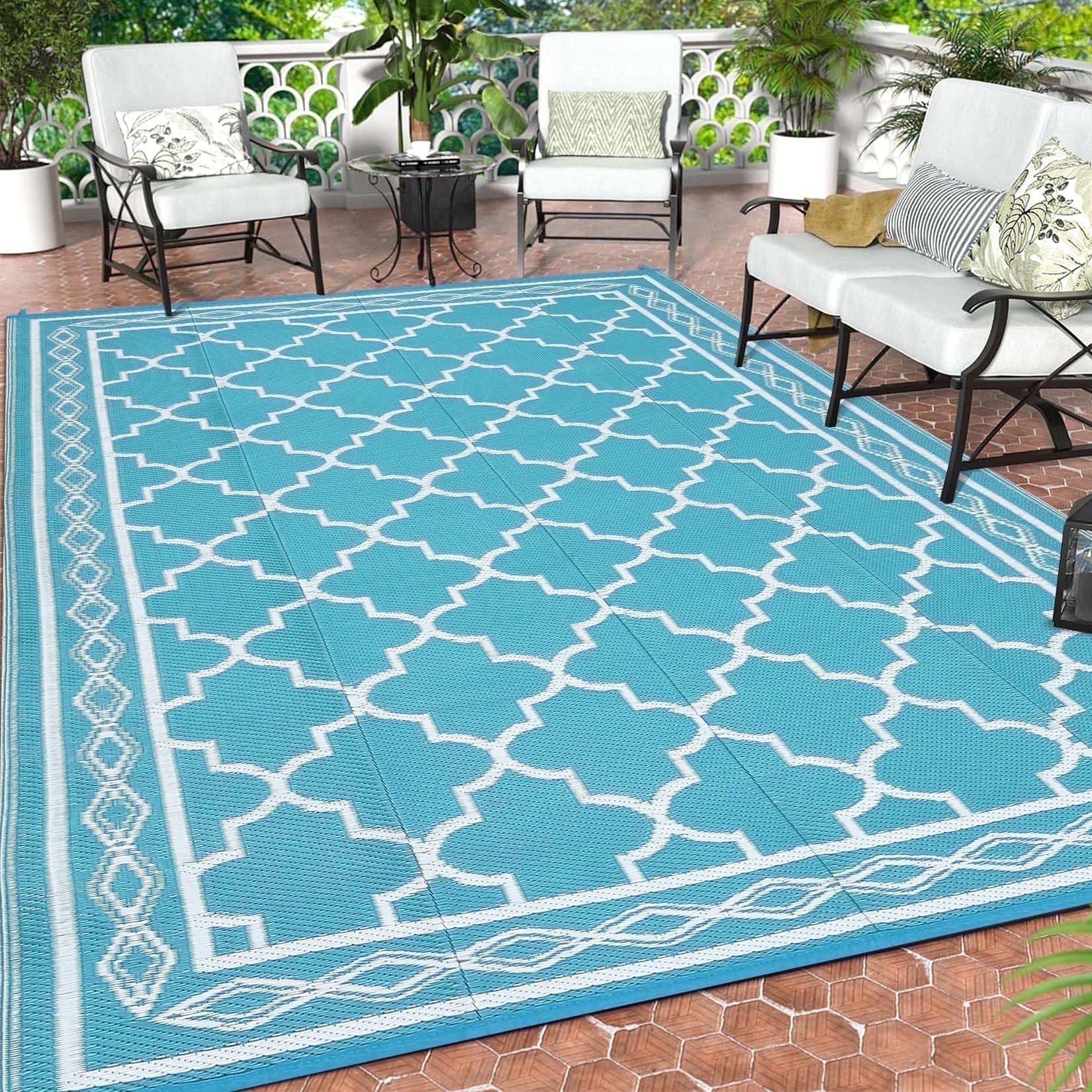 Twister.CK Outdoor Rug 9x18ft Waterproof for Patios, Plastic Straw Rug Camping Carpet Mats for Picnic, Backyard, Deck, Balcony, Porch, Beach, Light Blue & White