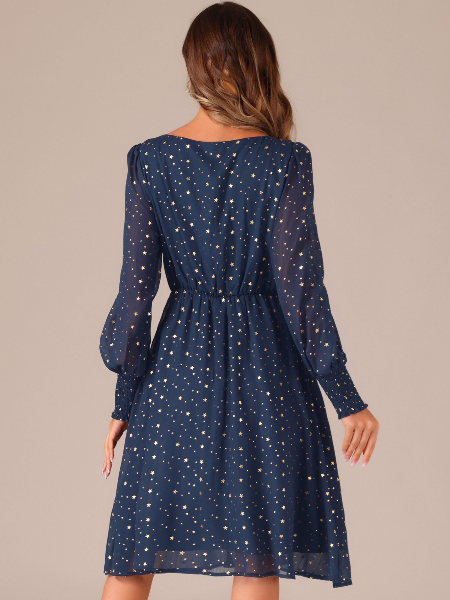 DARING DIVA Puff Long Sleeve Elastic Waist Mesh Dress S Dark Blue