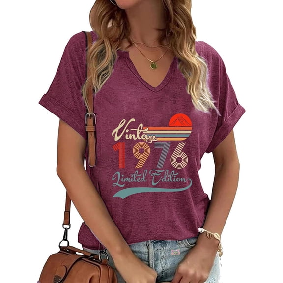 Trendfront Womens Vintage 1976 Tee V Neck Casual Short Sleeve Loose Fit Tops Trendy Fashion T Shirts 50th Birthday Party Pullover Outfits