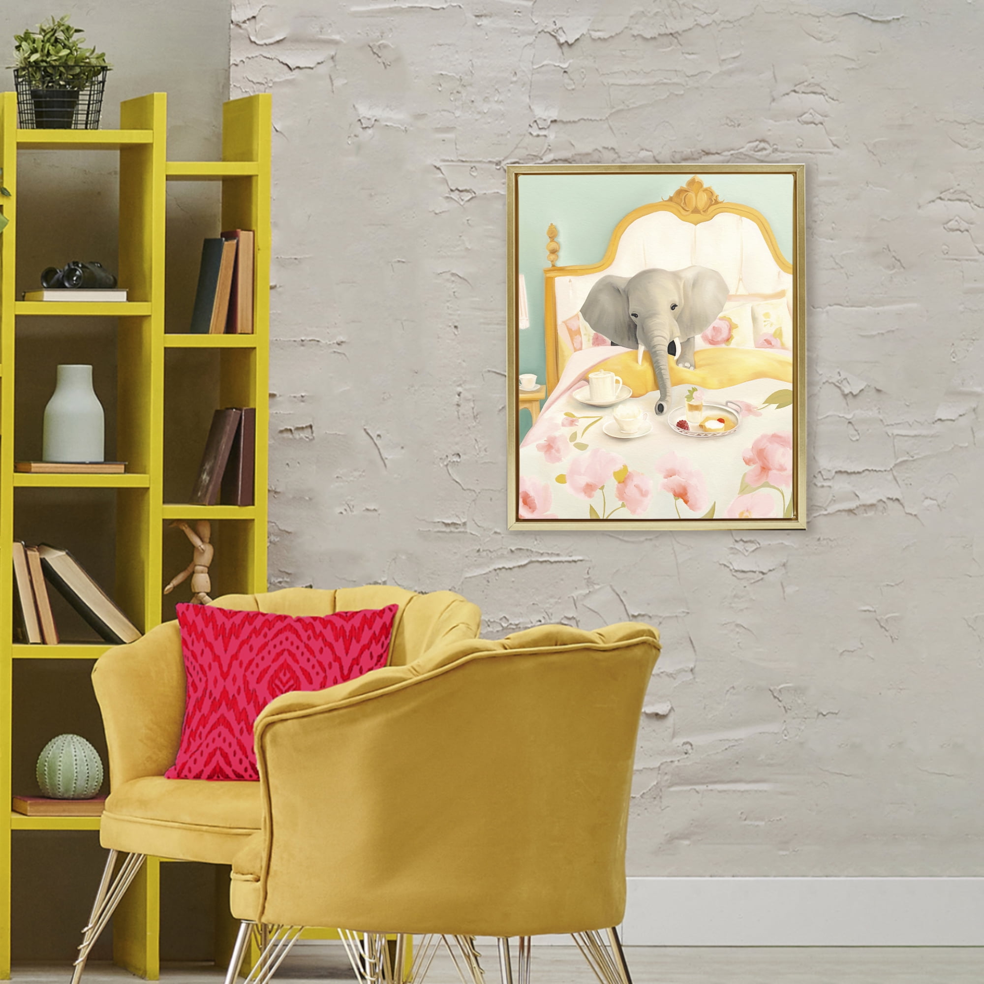 Breakfast in Bed Elephant Gold Framed Floater Canvas Wall Art, design by Leah Straatsma