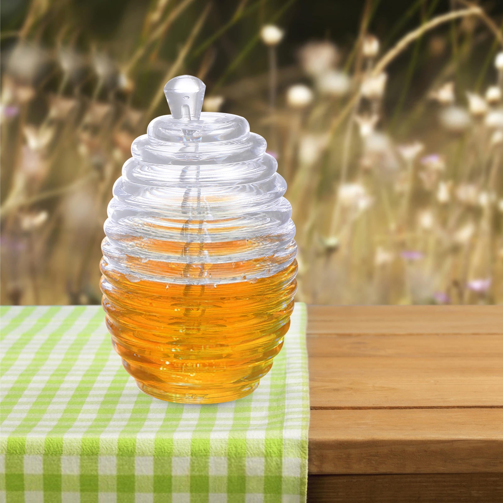 WHAMVOX Set of 2 Acrylic Honey Jars with Lids and Spoons, Juice and Syrup Storage Bottles for Kitchen