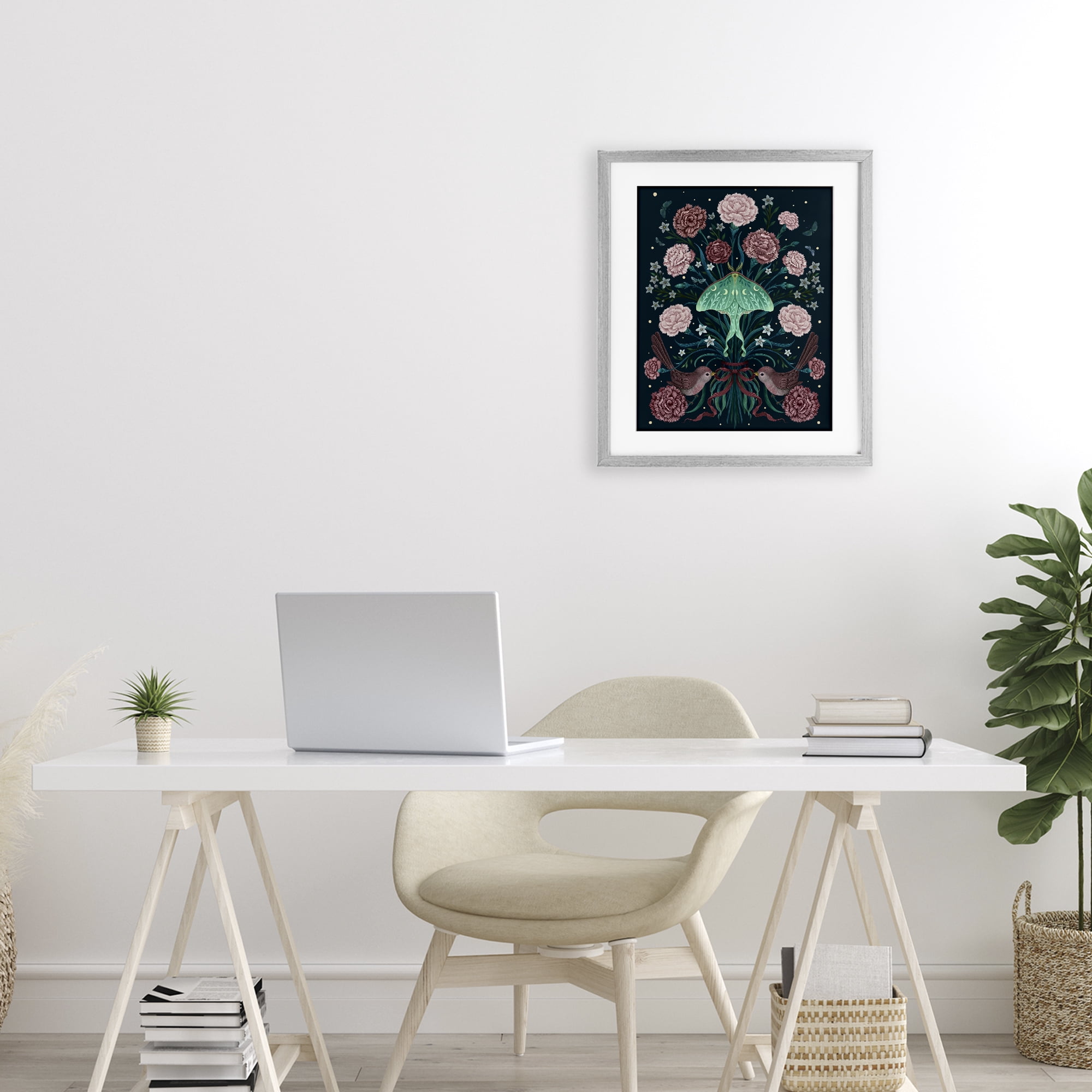 Stupell Industries January Carnations & Moth Gray Framed Print Under Glass, design by Episodic Drawings