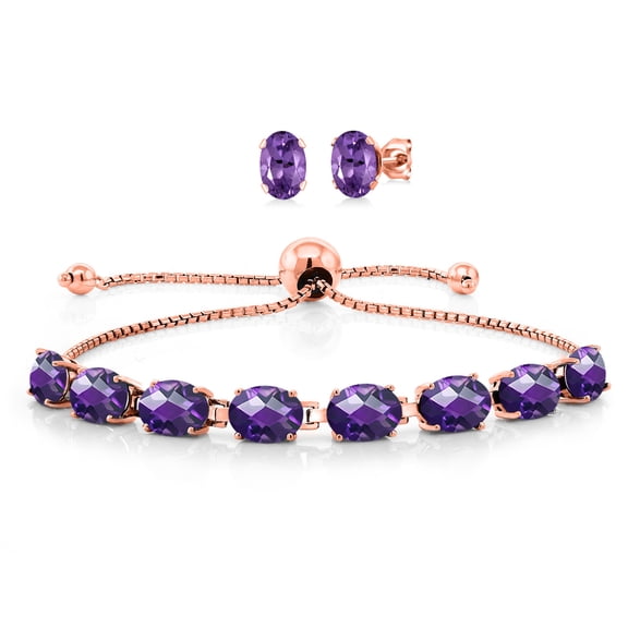 18K Rose Gold Plated Silver Purple Amethyst Bracelet and Earrings Jewelry Set for Women (7.50 Cttw, Gemstone February Birthstone, Oval Checkerboard 7X5MM, Fully Adjustable up to 9 inch)
