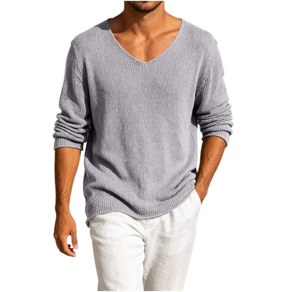 hoksml Men's V Neck Long Sleeve Knit Pullover, Open Weave Lightweight Sweater, Loose Cut Breathable Casual Top in Solid Colors