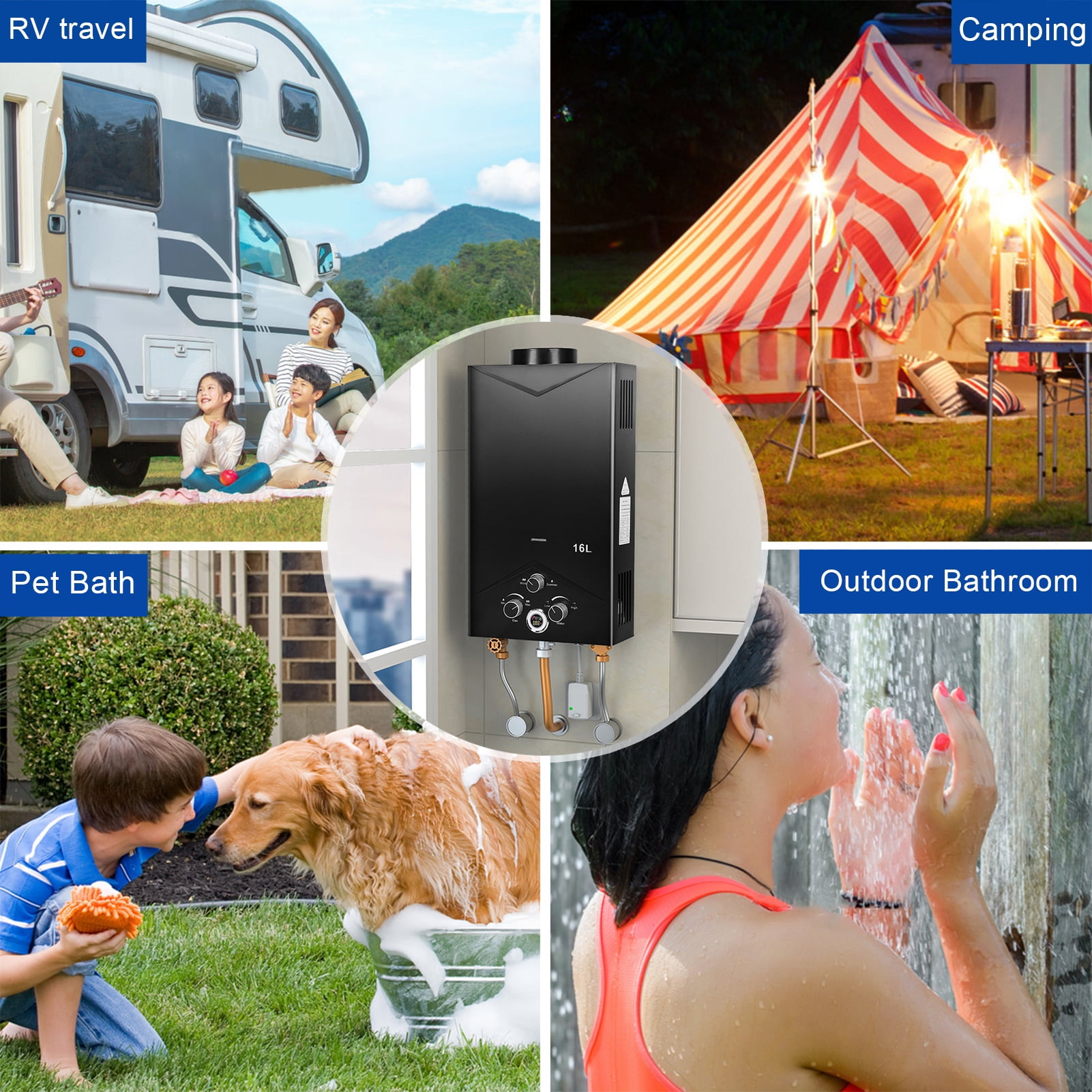 Tankless Water Heater 4.21GPM 16L Outdoor Portable GasHot Water Heater Instant Propane Water Heater with Digital Display Multi-Protection for Camping Trips Boat Cabins