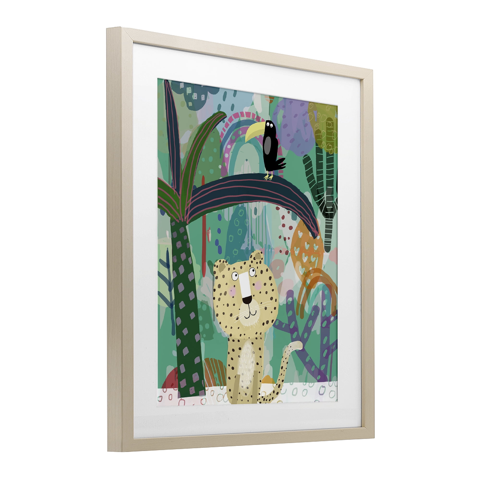 Jungle Cheetah & Toucan Birch Framed Print Under Glass, design by Carla Daly