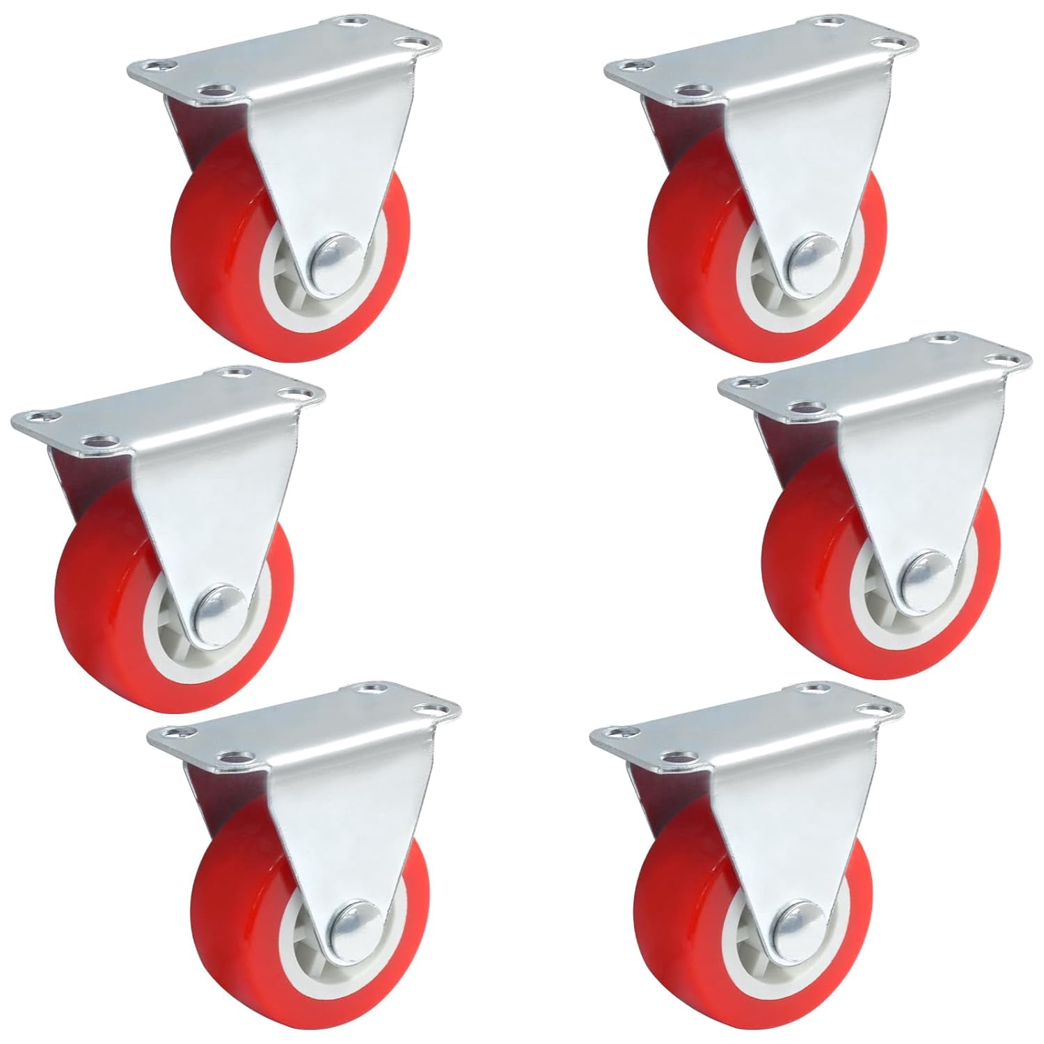 FRKSMD-6 Pack Rigid No-Swivel Plate Caster Wheels, 1.5 inch Hard Rubber Caster Wheels with Screws, Red Plate Casters for Furniture, Workbench