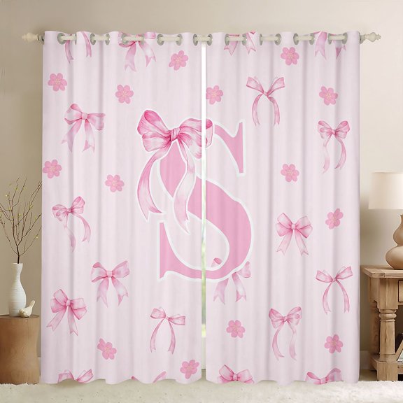 Erosebridal Letter Monogrammed S Pink Bow Black Out Curtains,Floral Cherry Blossoms Curtains Pack of 2 (42x63 Each),Breathable Home Decor