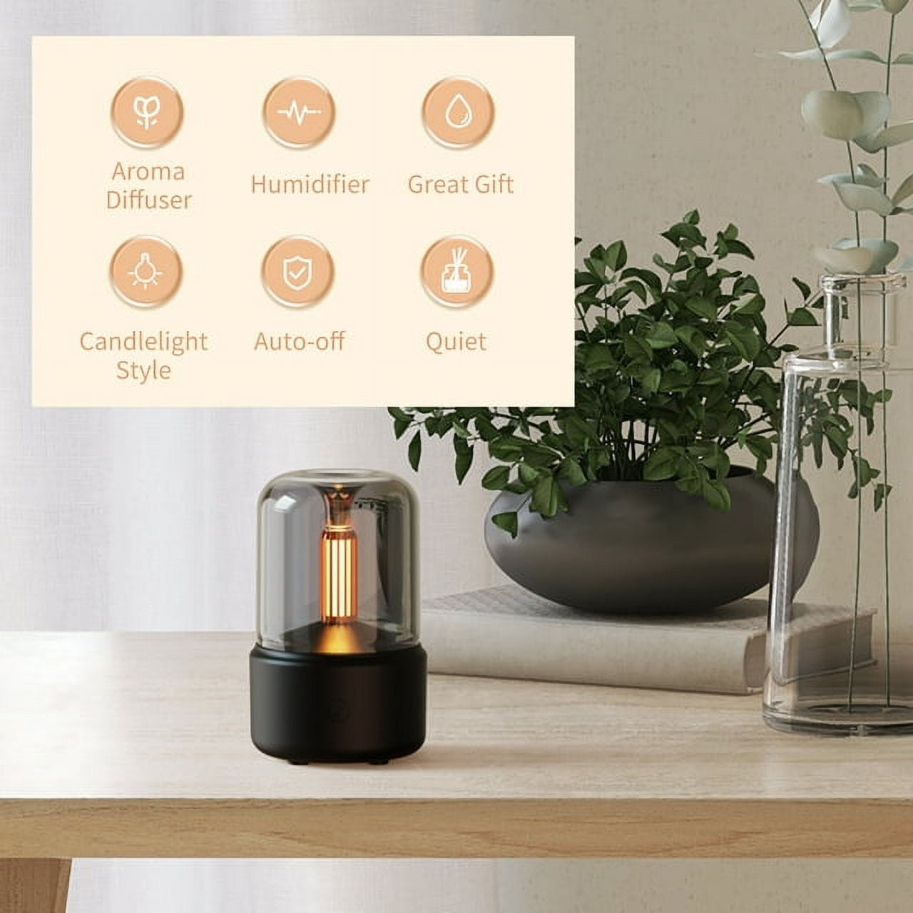 Candlelight Style Aroma Diffuser 120mL Mist Humidifier Warm White Night Light Quiet Essential Oil Diffuser Cool Mist Air Humidifier for Desktop Home Office Bedroom Car