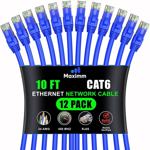 Maximm Cat 6 Ethernet Cable 10 Ft, (12-Pack) LAN, Internet, Patch and Network Cable - UTP (Blue) 10 Feet Cord