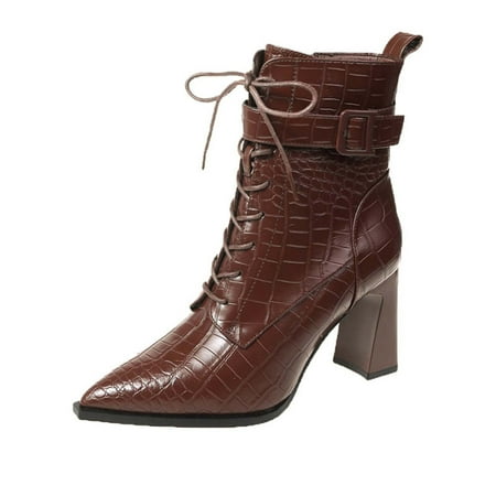 

Tuscom Women s Fashion High-Heels Mid Calf Boots Pointed Chunky Heels High heel Metal Leather Belt Buckle Side Zipper Lace-up Boots