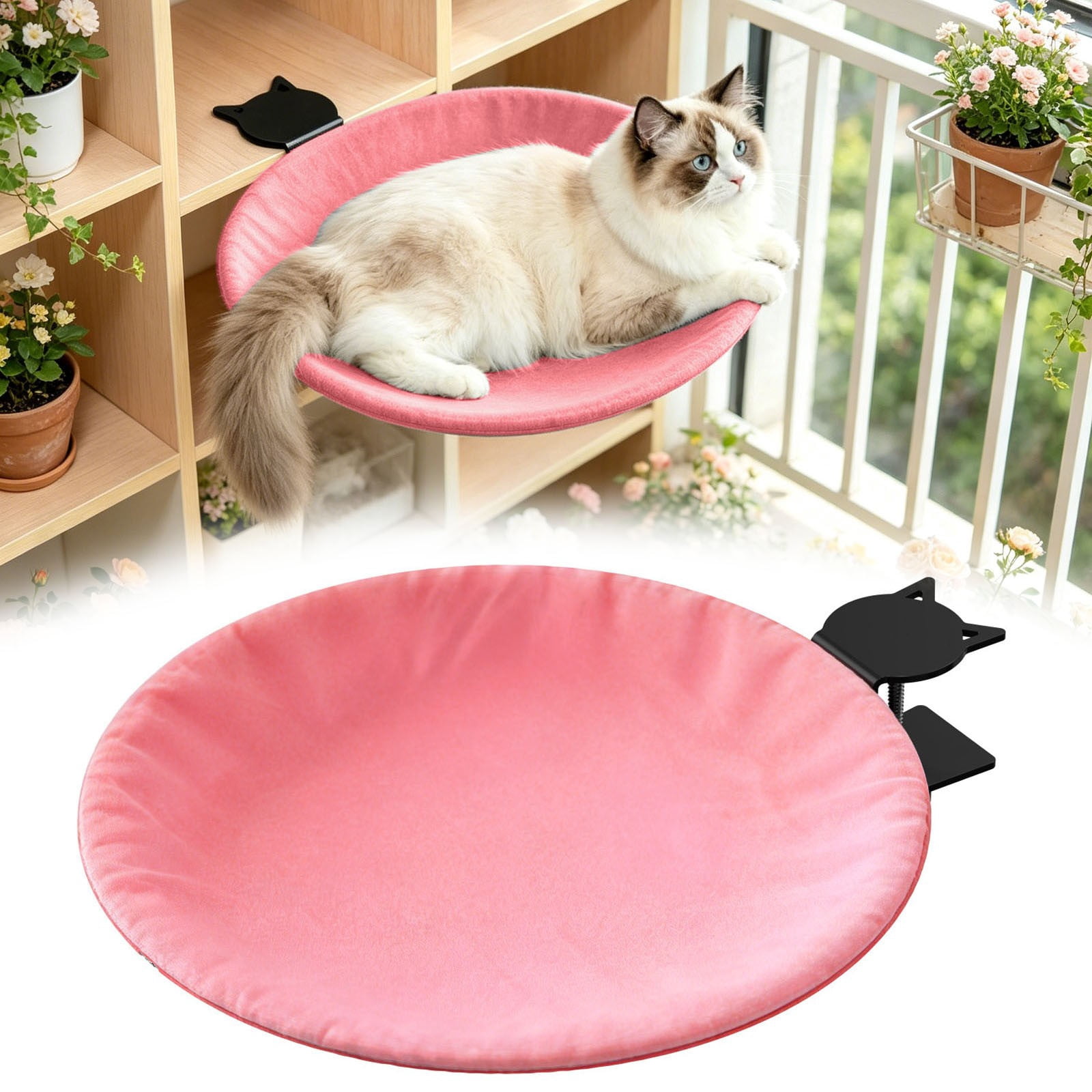 Clamp-On Desk Cat Hammock Bed, 360° Rotatable No Drill Pet Perch with Washable Soft Pad, Space Saving Elevated Cat Bed Supports Up to 50 lbs for Home Office and Gaming Desk(Pink,41.5X6CM)