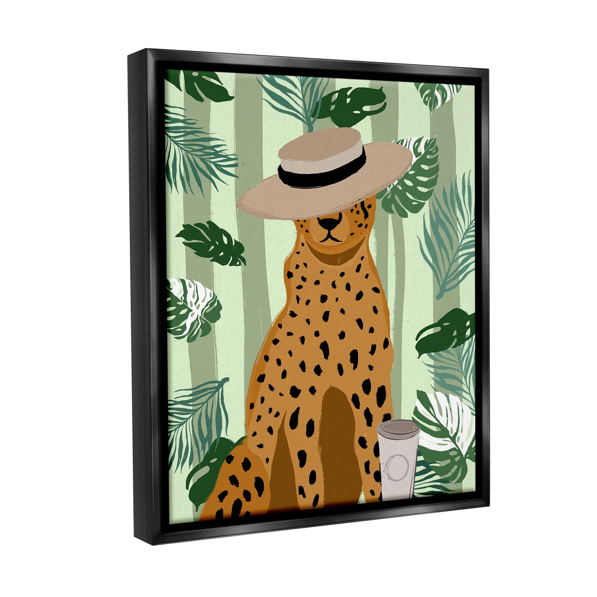 Stupell Industries Tropical Modern Leopard Animals & Insects Painting Black Floater Framed Canvas Art Print Wall Art, 17 x 21