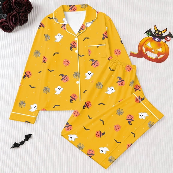 Glisme Girl Halloween Outfits Round Neck Long Sleeve Sleepwear 2 Pieces Pajamas Setq Graphic Prints Tops Pants 11-12 Years Big Girls Adorable Fall Wear Yellow