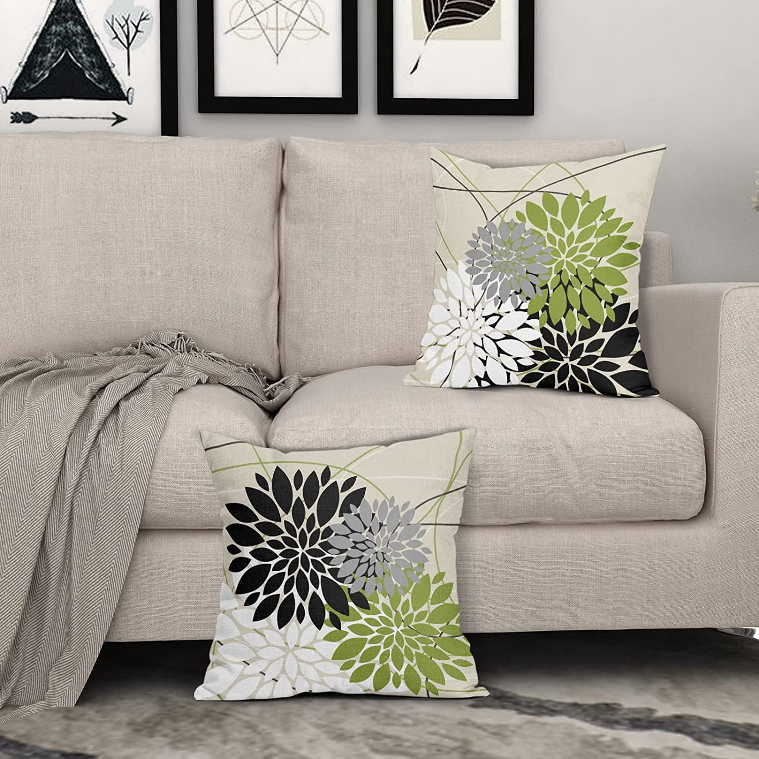 Black Green Pillow Covers 20x20 Inch Dahlia Flower Decorative Throw Pillows Modern Geometry Floral Outdoor Farmhouse Pillowcase Linen Square Cushion Case Decor for Home Sofa Couch Bed, Set of 2