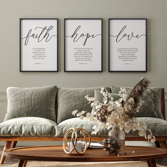 Faith Hope Love Bible Verse Wall Art Scripture Quote Hebrews Jeremiah John Set 3 Unframed Paper Print 8x12