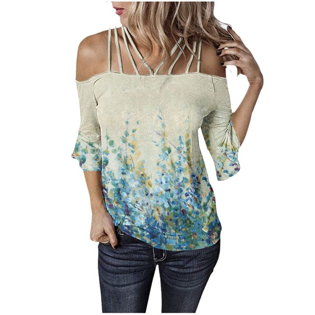Mujeres sueltas casual 3/4 manga sin tirantes estampado blusa casual camiseta túnica tops Fridja czfsfas1651