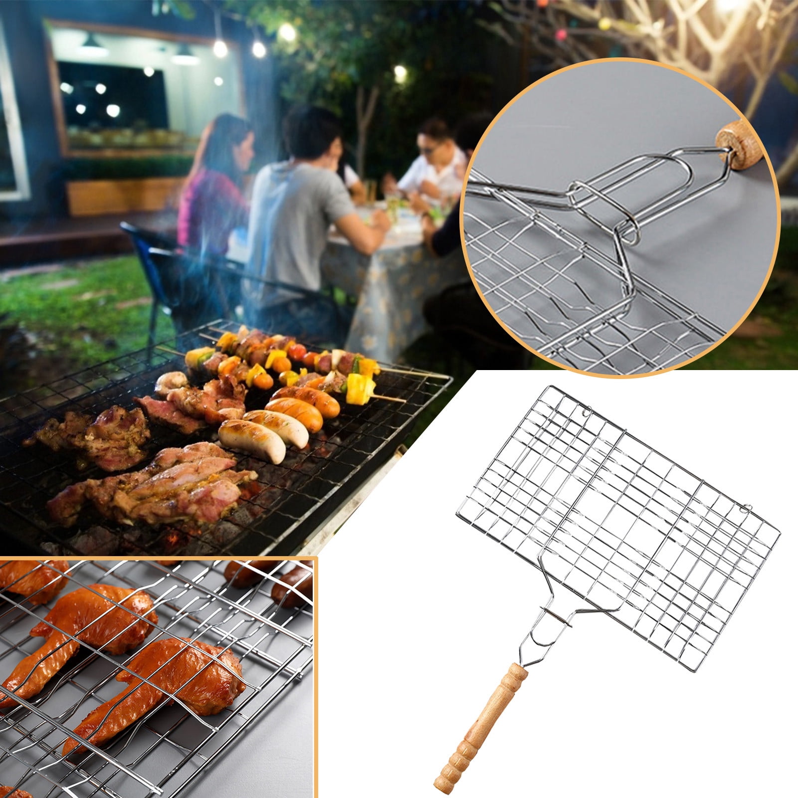 Portable Barbecue Outdoor BBQ Grilling, With Wood Handle Stainless Steel Wire Living Household Items