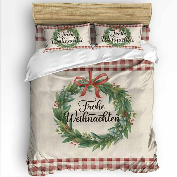 Christmas King Size Comforter Set, Frohe Weihnachten Green Wreaths Red Plaid Retro Linen Bedding for All Seasons, 4 Pcs Bed Set with 1Comforter (90"x106") ,1 Sheet(94"x116"), 2 Pillowcases (19"x35")