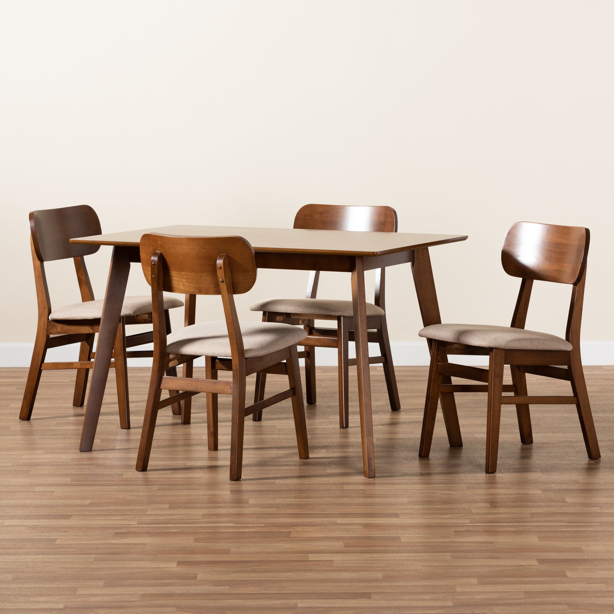 Baxton Studio Euclid Mid-Century Modern Sand Fabric Upholstered and Walnut Brown Finished Wood 5-Piece Dining Set