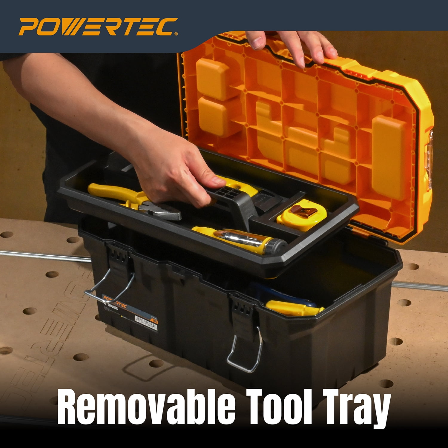 POWERTEC 16-Inch Tool Box with Trays - Lockable, Metal Latch, Organizer, Portable Storage for Tools, Small or Mid-Sized Parts (72119N)