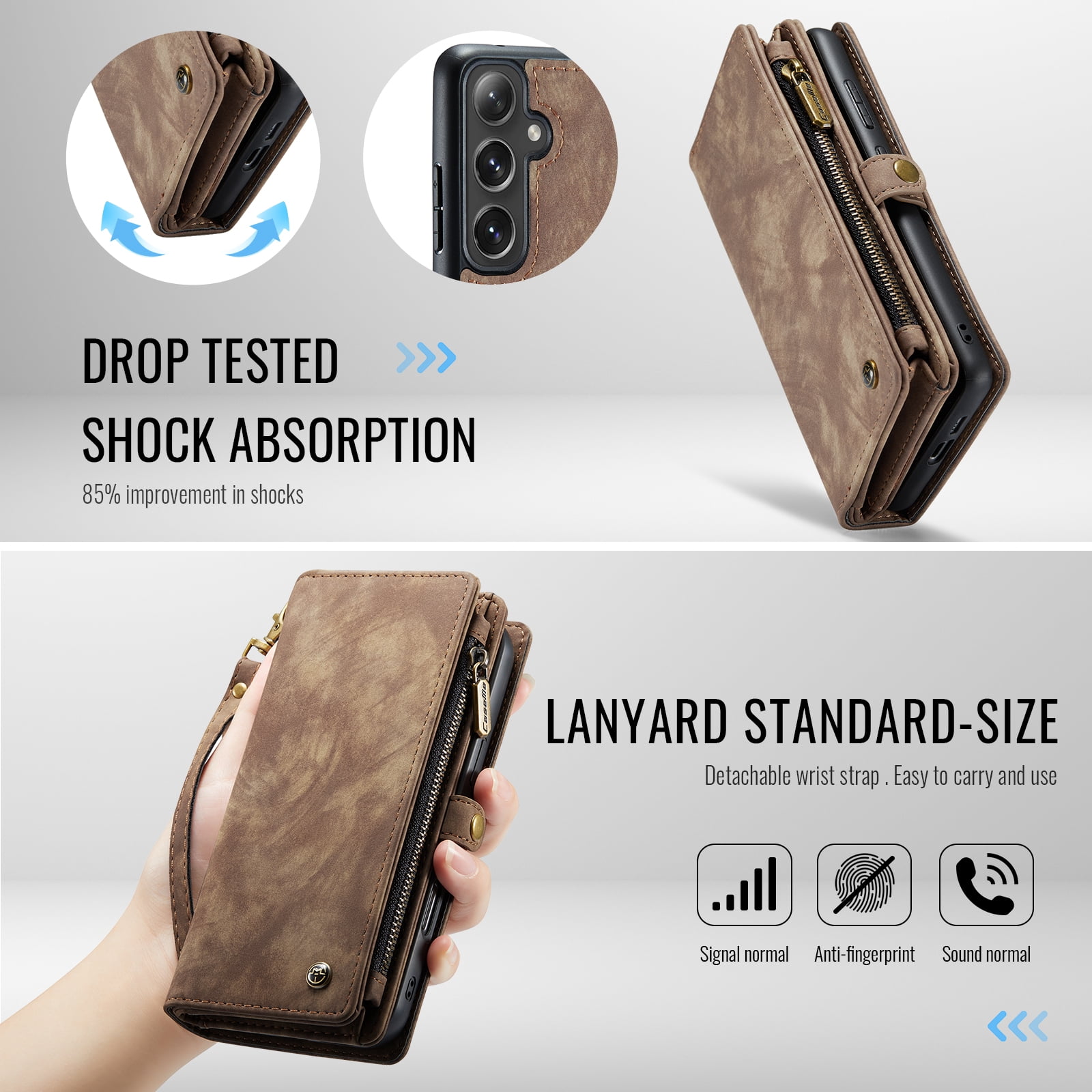 Dteck 2 in 1 Detachable for Samsung Galaxy A16 5G Wallet Case with Card Holder, Shockproof Retro Premium Flip Leather Cover Magnetic Zipper Pocket Phone Cases, Darkbrown