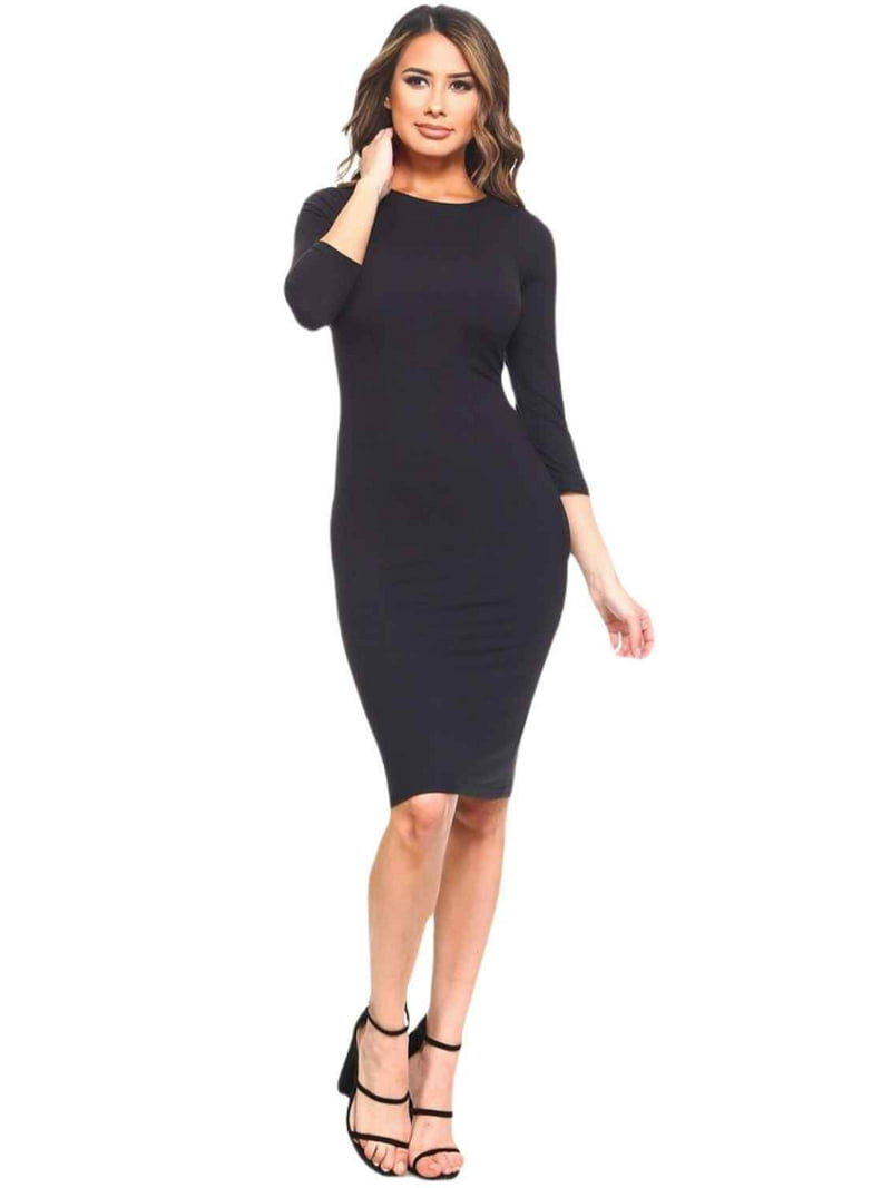 black bodycon dress 3 4 sleeve Yelete Lady's Crew Neck 3/4 Sleeve Midi Bodycon Dress, Black, M, Women's, Size: Medium