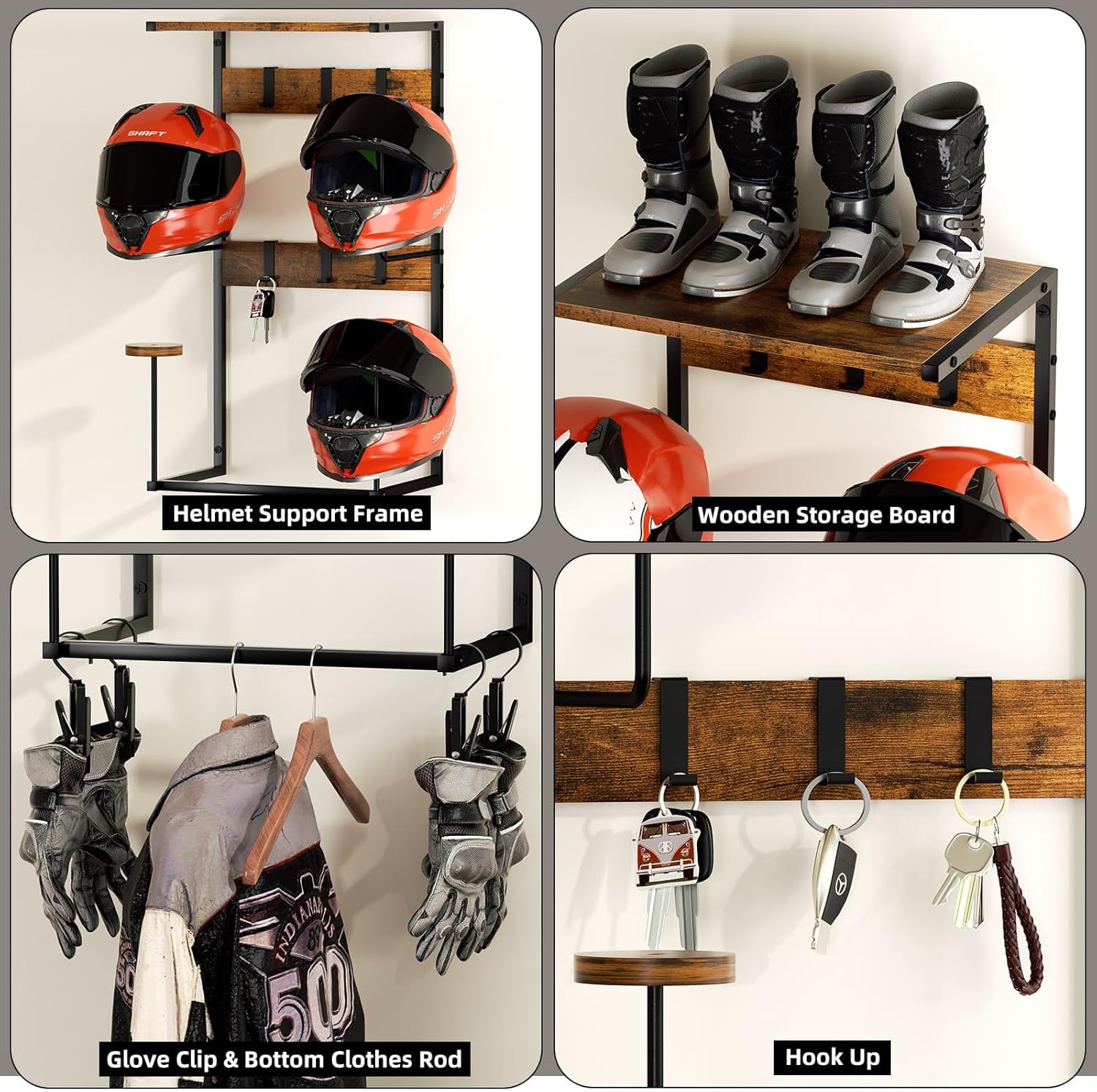 Urban Deco Motorcycle Helmet Holder Wall Mount, Helmet Rack with 4 Hat Stands, Multi-function Helmet Hanger for Motorcycle Accessories