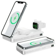 BezosMax 5 in 1 Wireless Charging Station, equipped with a 10000mAh power bank, foldable design, digital display, and automatic magnetic 15W fast charging stand. Convenient for storage, compact, and