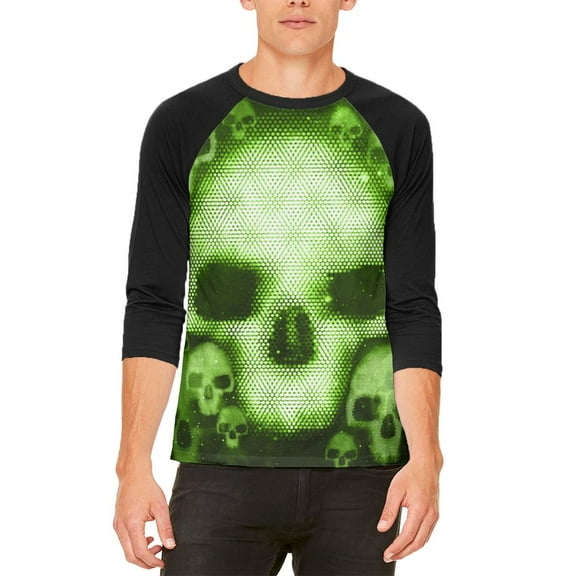 Halloween Cyber Space Alien Skull Mens Raglan T Shirt White-Black X-LG