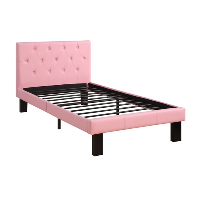 Lit Simple Rembourré en Faux Cuir avec Tête de Lit Touffetée, Rose