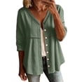 thumbnail image 3 of FAVIPT Women Cotton Linen 3/4 Sleeve Cardigan Button Down Lace Patchwork Jackets Casual Loose Summer Trendy Outfits Green,XXL, 3 of 8