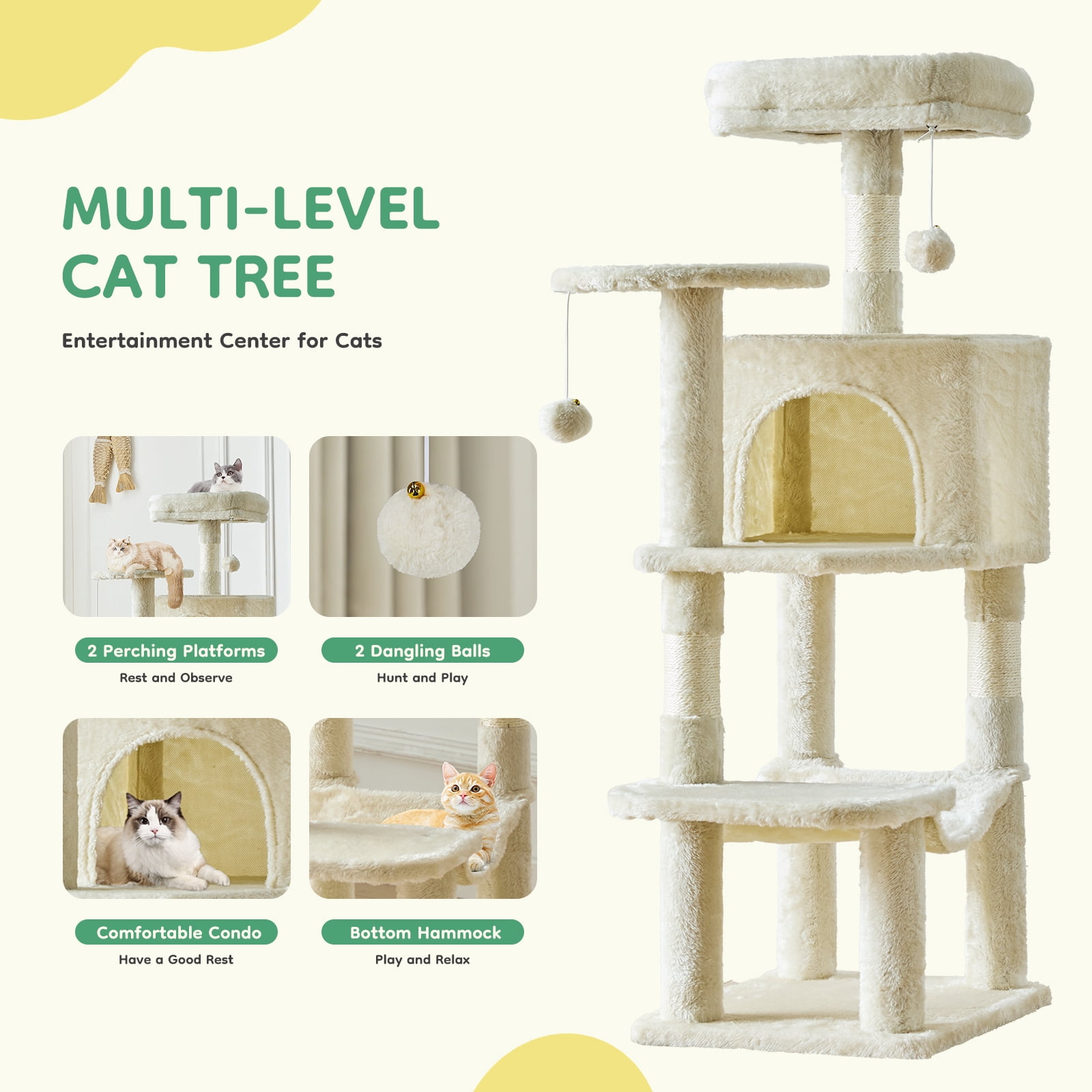 JIOABL 44" Multi-Level Cat Tree Tower with Hammock, Condo, Climbing Plates, Plush Toy, Kitty Playing House, Beige