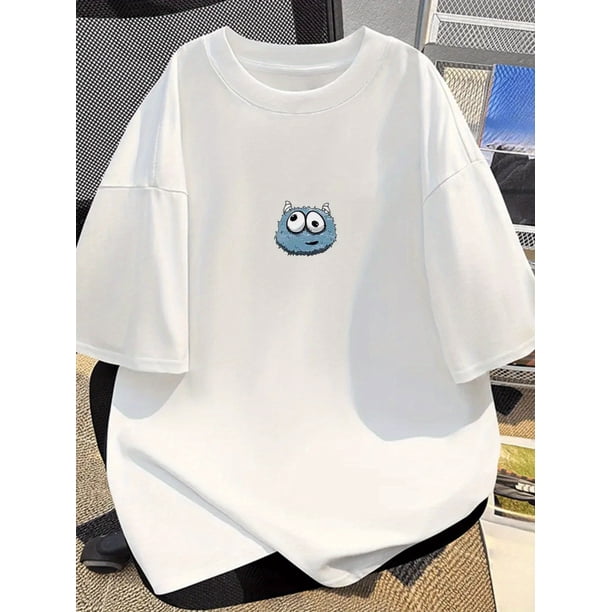 Women's Oversized Cartoon Graphic Tee - Black Casual Crew Neck Short Sleeve Top, Machine Washable, Relaxed Fit for Casual Attire Allseason Apparel Relaxed Fit Shirt Glossy Fabric Ladies T Shirts