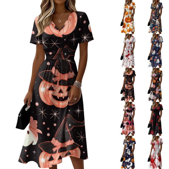 Women's V Neck Halloween Print Casual Dress Short Sleeve A Line Midi Dress with Self Tie Waist for Daily Wear Party Autumn Outfit Black L