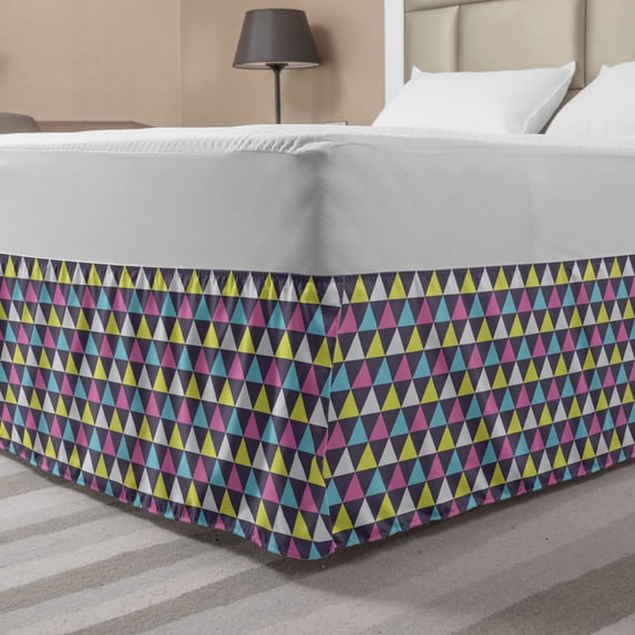 Geometric Bed Skirt, Repetitive Colorful Triangles Symmetrical Design Modern Artwork, Elastic Bedskirt Dust Ruffle Wrap Around for Bedding Decor, 4 Sizes, Purple Grey and Multicolor, by Ambesonne