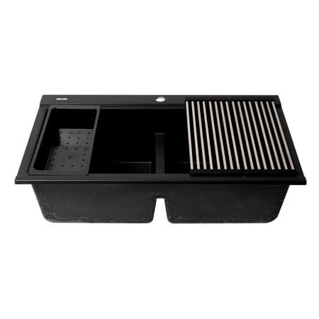 Alfi Brand Ab3418Dbdi-Bla Black 33"" Granite Composite Workstation Step Rim Double Bowl Drop In Sink With Accessories