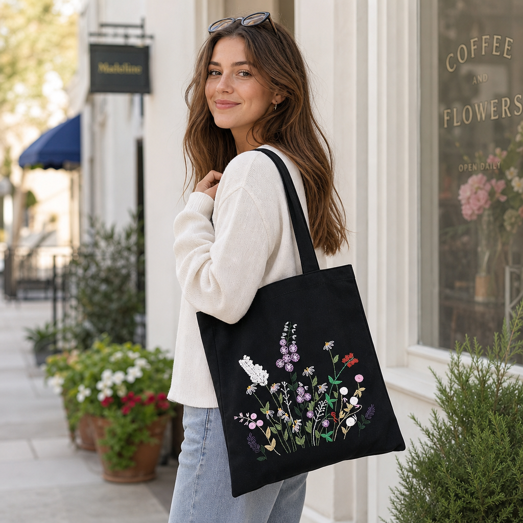 Vetpw Tote Bag Embroidery Kit for Beginners with Floral Pattern photo 2