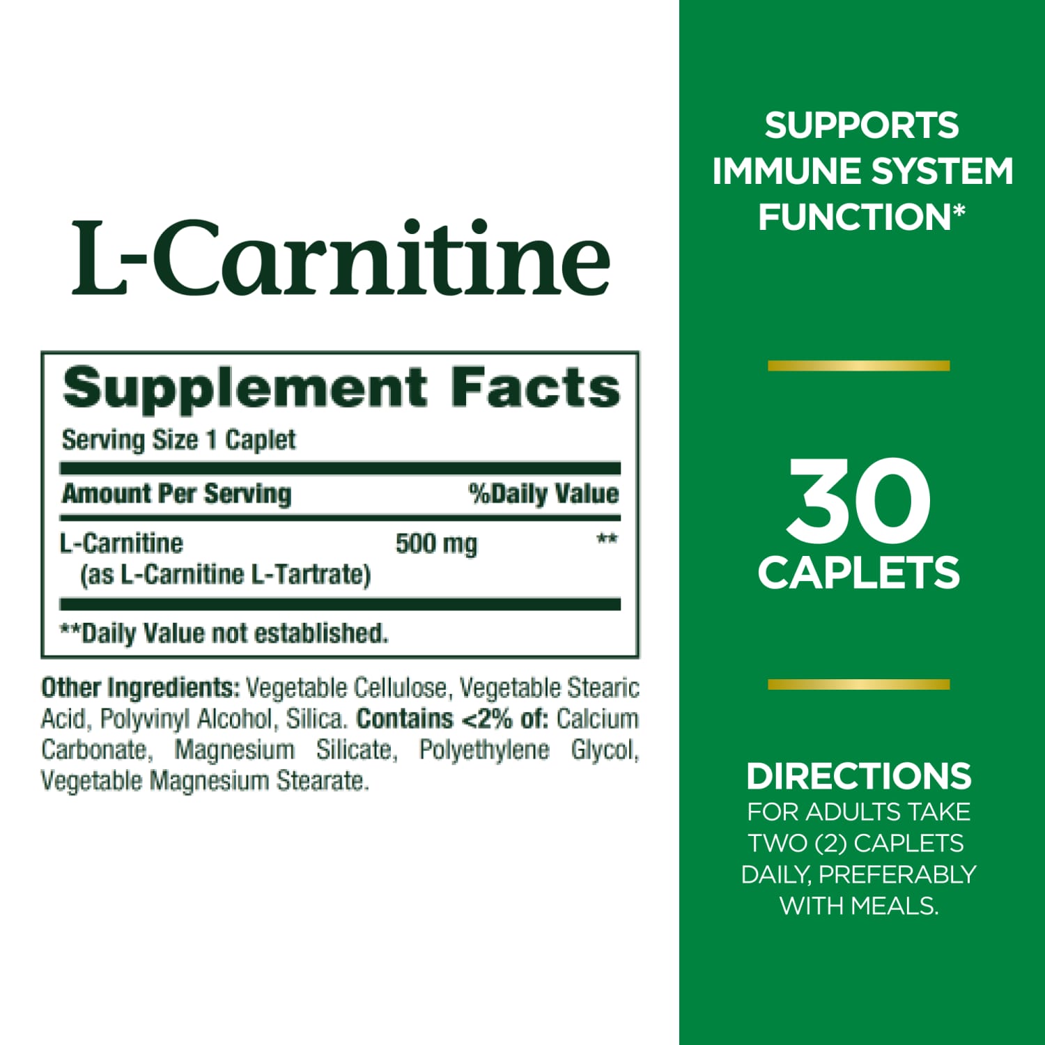Nature's Bounty L-Carnitine 500 mg Caplets for Heart Health Support, 30 Ct